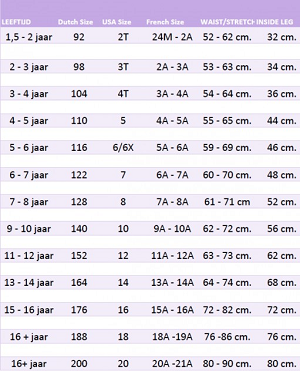 Amerikaanse kledingmaten tabel voor kinderen